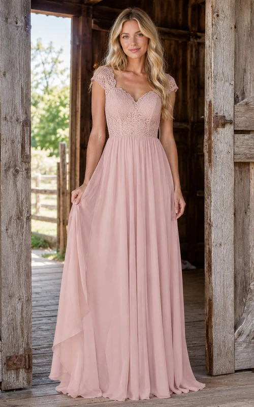 Dusty Pink Cap Sleeve Crochet Bodice Rustic Barn Bridal Gown