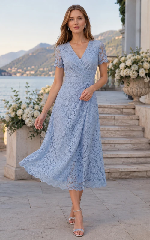 Sky Blue Lace V Neck Short Sleeve Tea Guest Dress