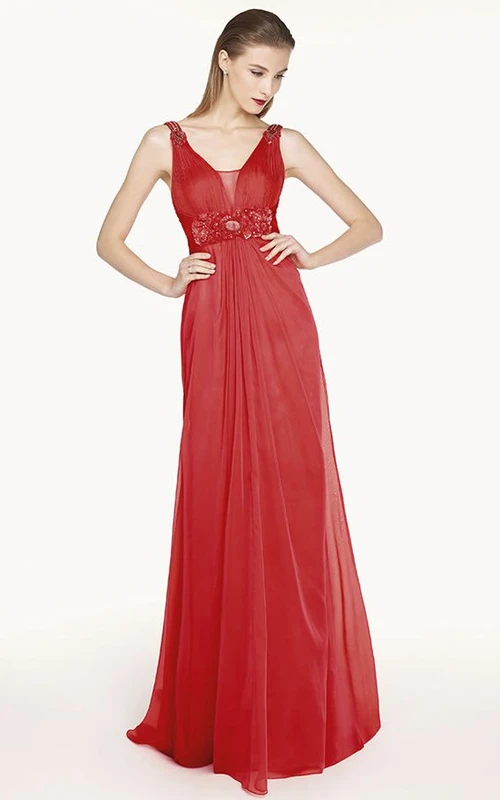 Empire Floral Waist A-Line Chiffon Long Prom Dress With V Back