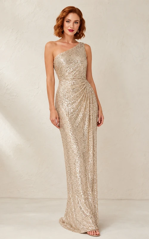 Champagne One Shoulder Sequin Sheath Evening Dress