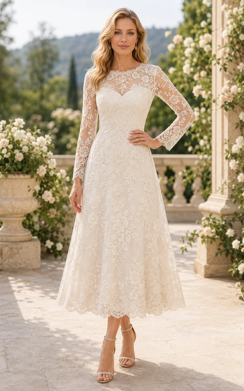 Cocktail Dress Ivory Lace A-Line Bateau Neck Long Sleeve Tea Length
