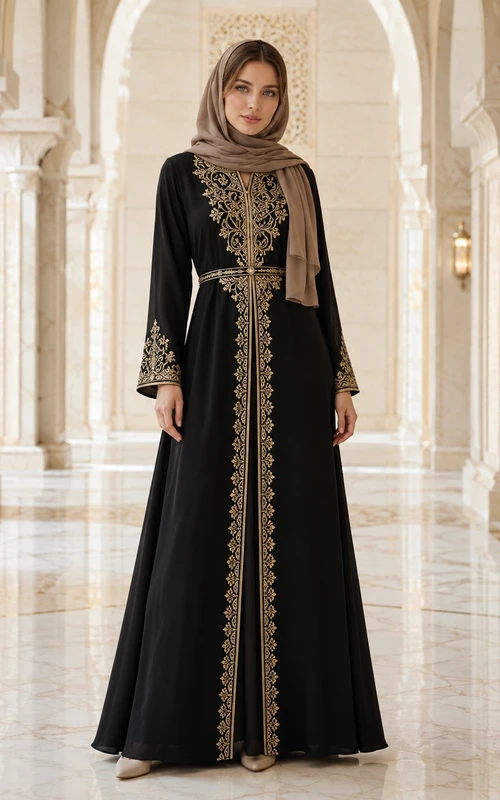 Black Jersey High Neck Long Sleeve Embroidered Modest Maxi Dress