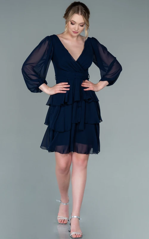 Adorable V-neck Illusion Long Sleeve Chiffon Short Tiered Prom Dress