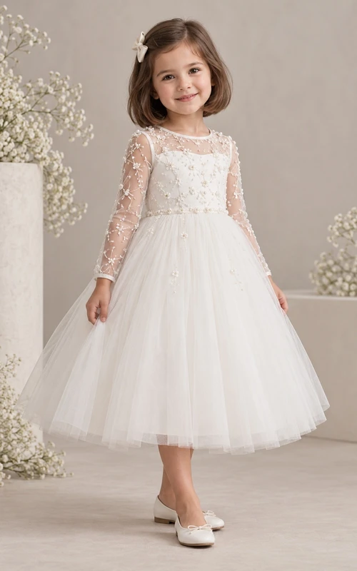 Vestido de niña de flores blanco de manga larga con estampado floral, corte en A, tul, espalda ilusión y corpiño de encaje.