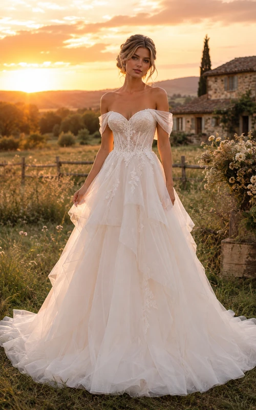 Robe de mariée champêtre en tulle à épaules dénudées et jupe à volants, style princesse
