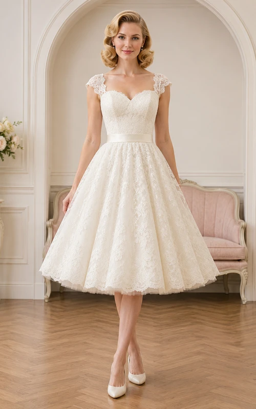 Vestido de novia romántico y elegante de corte A, largo hasta la rodilla, con tirantes en forma de corazón y encaje.