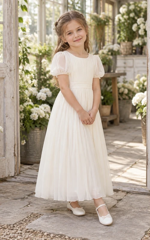 Simple Ivory Jewel Neck Puff Sleeve Pleated Chiffon Flower Girl Dress