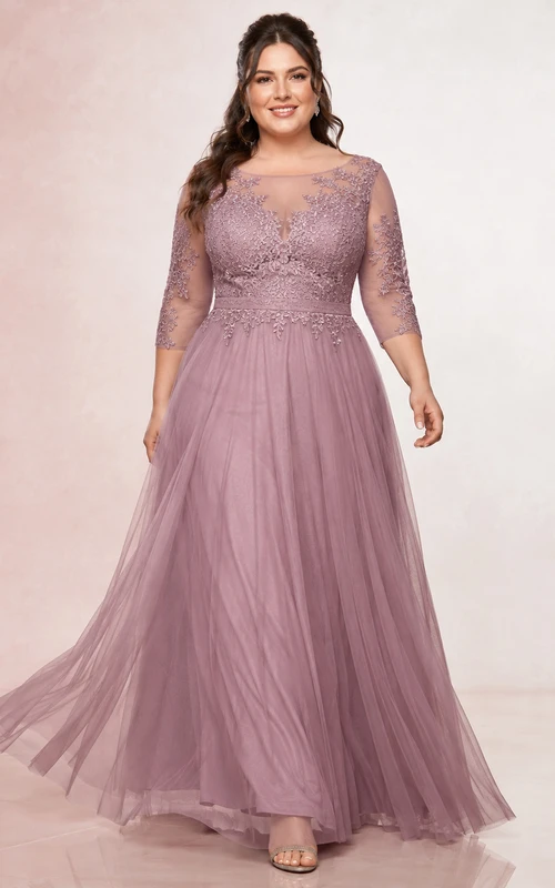 Mauve Long Sleeve Tulle Plus Size A-Line Dress