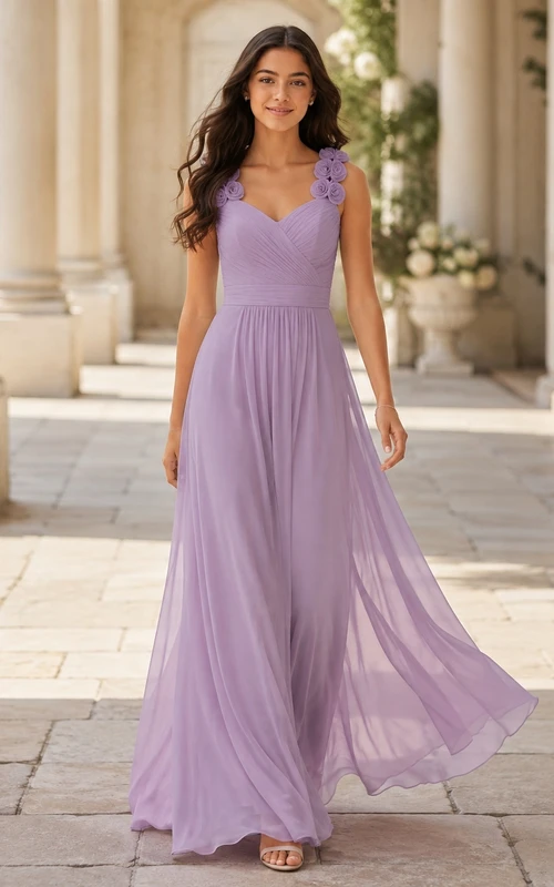 Lavendelfarbenes Brautjungfernkleid für junge Frauen, A-Linie, herzförmig, ärmellos, Chiffon, mit floralen Details, romantisch