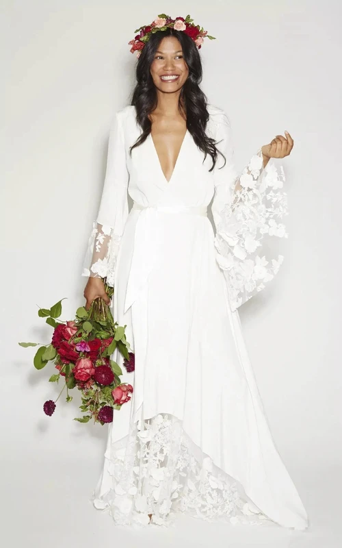 Vestido de novia bohemio de talla grande con encaje blanco y mangas acampanadas | Vestido largo casual de mujer estilo años 70
