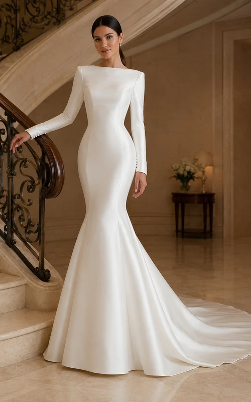 Robe de mariée sirène minimaliste en satin à manches longues et décolleté plongeant, dos nu en V et traîne chapelle
