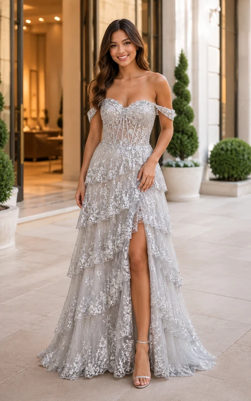 Vestido de fiesta de tul plateado, con hombros descubiertos, escote corazón, corte en A, largo hasta el suelo, con volantes y apliques.