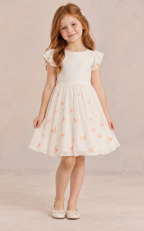 Schlichtes, schlichtes, elfenbeinfarbenes, knielanges Chiffonkleid mit juwelenbesetzten Lagen, flatternden Ärmeln und zartem Schmetterlingsprint in A-Linie für Blumenmädchen