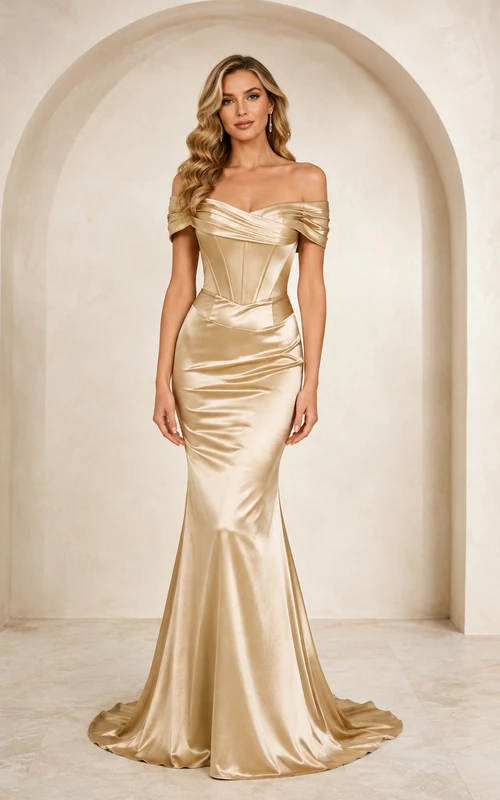 Vestido de noche sexy color champán con escote Bardot, mangas cortas, fruncido, satén y cola de sirena.
