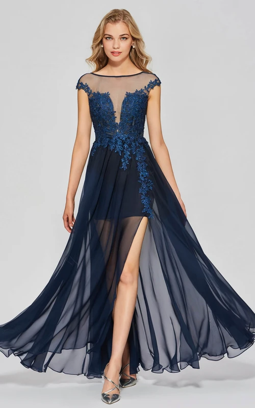 Vestido de gasa sexy de corte A con abertura frontal, escote barco, apliques de encaje y espalda en V profunda.