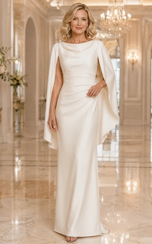 Soft neutral bateau cape sleeve sheath floor length mother dress