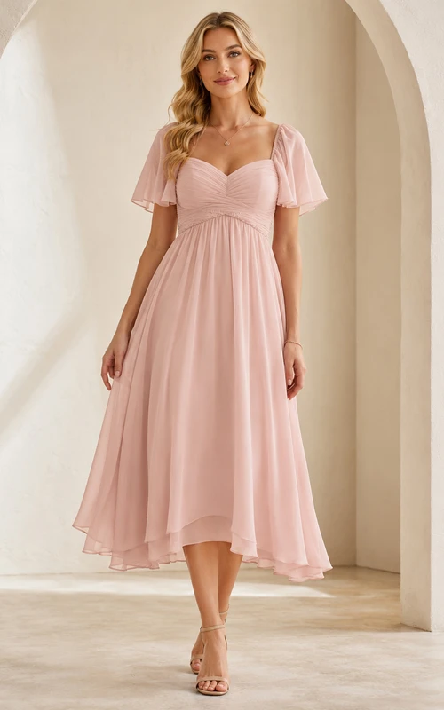 Blush Empire Breeze Tea-Length V-Neck Short-Sleeve Chiffon Romantic Bridesmaid Dress