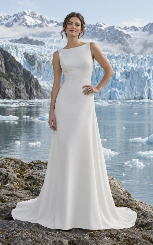 Vestido de novia moderno de crepé con escote barco y largo hasta el suelo con botones en la espalda