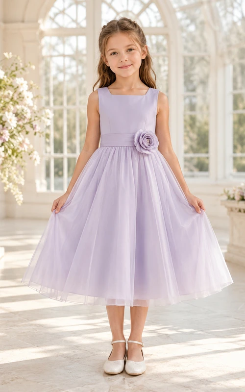 Lavender Rosette Tulle A-Line Flower Girl Dress with Jewel Neck and Tea-Length Skirt