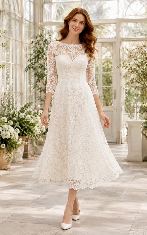 Bohemian Civil Lace A-Line Tea-Length Illusion Neck Long Sleeve Wedding Dress