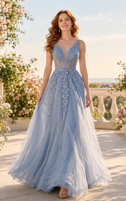 Vestido formal azul cielo con encaje, tul y espalda ilusión