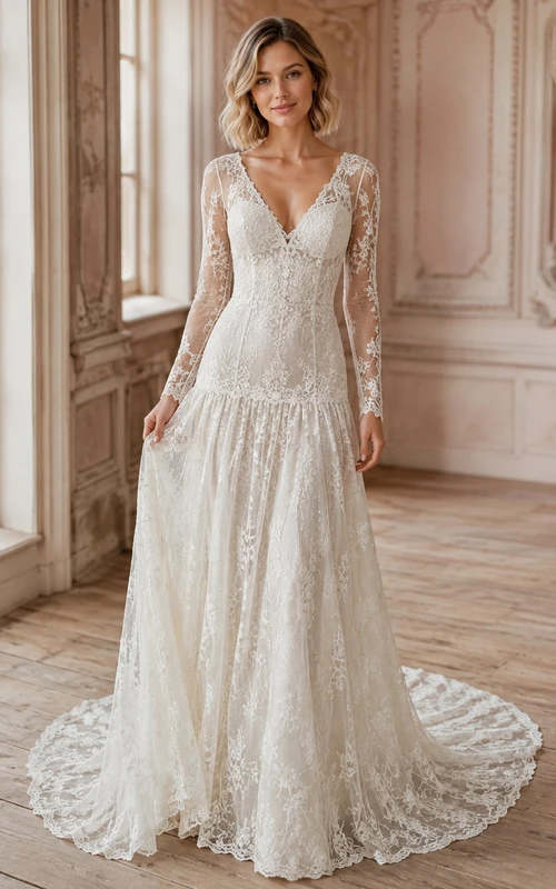 Vestido de novia clásico de encaje con falda acampanada, mangas largas y cola larga