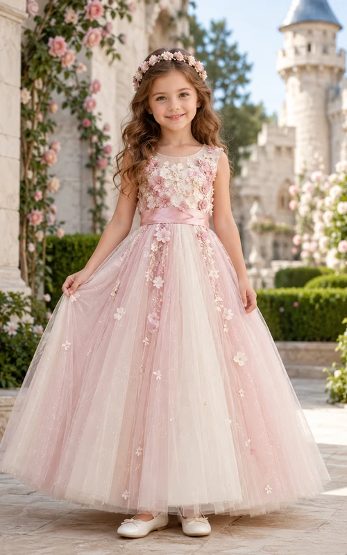 Robe de demoiselle d'honneur longue en tulle rose poudré à col montant et applications florales