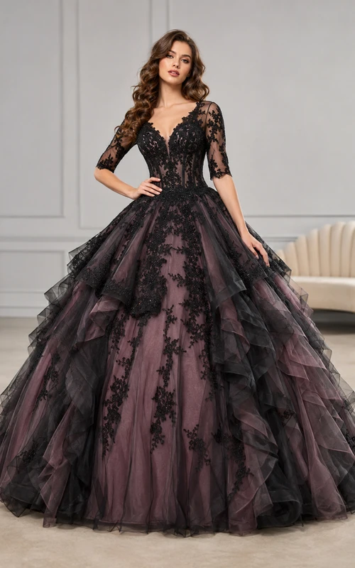 Vestido de princesa de quinceañera vintage color malva y negro con escote en V y mangas cortas, encaje en capas.