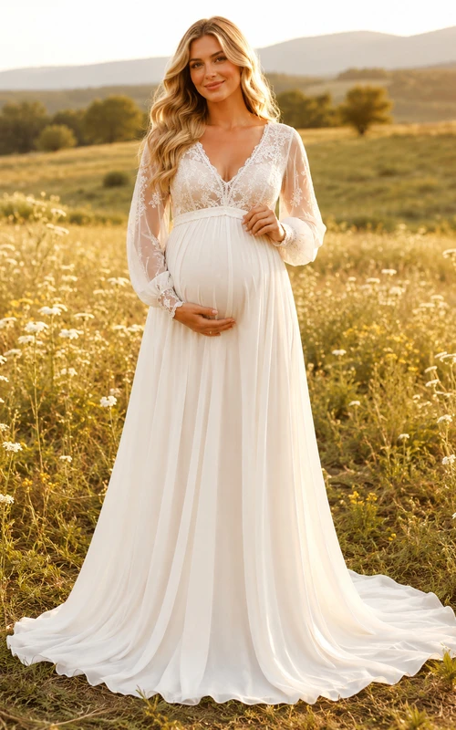 Strandhochzeitskleid aus Chiffon und Spitze, Empire-Stil, V-Ausschnitt, lange Ärmel, bodenlang