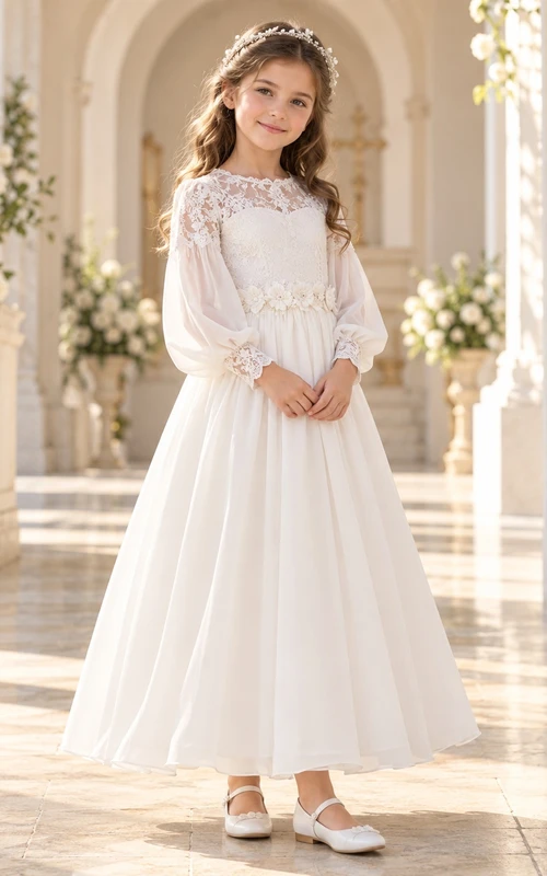 Long Sleeve Ivory Floral Lace Waist Bishop Communion Occasion Dress