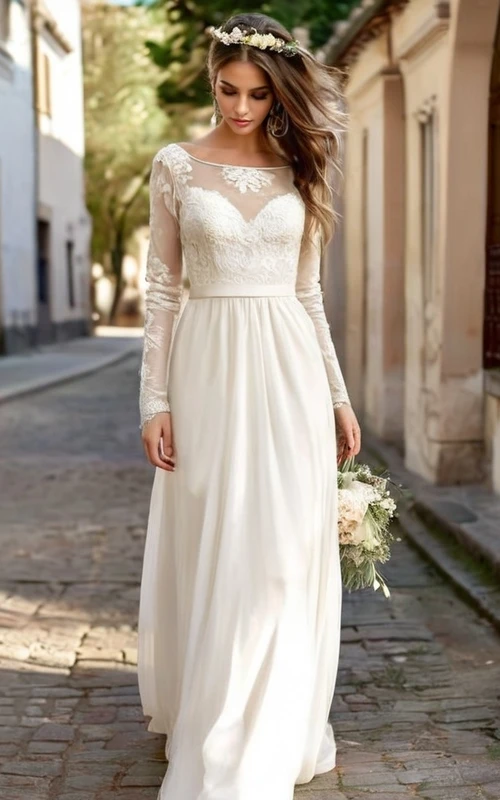 Vestido de novia sencillo de gasa con escote redondo y mangas largas estilo imperio con encaje.