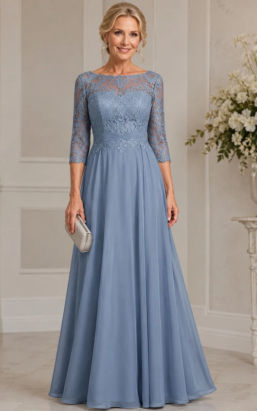 Vestido de gasa de corte A con escote barco y mangas tres cuartos, con encaje.