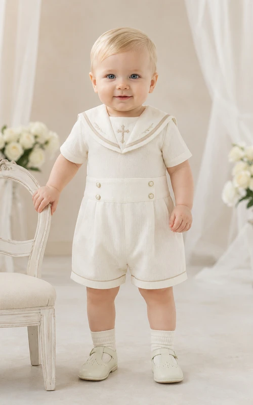 Vintage elfenbeinfarbener Kurzarm-Baby-Jungen-Tauf-Strampler mit Matrosenkragen, geeignet für Jungen,