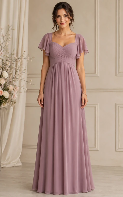 Robe de demoiselle d'honneur vintage mauve à encolure cœur et manches courtes en mousseline