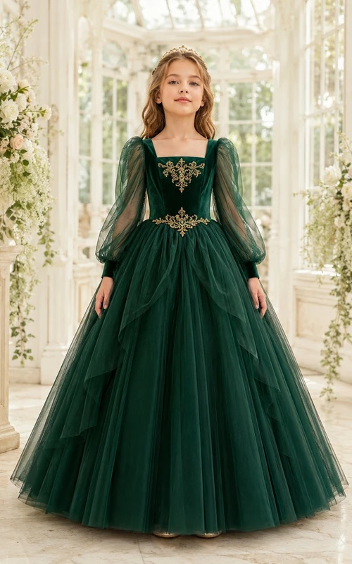 Dark Green Tulle High Neck Long Sleeve Flowergirl Ball Gown