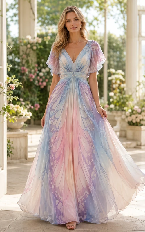 Pastel Butterfly Wing Print V-Neck Puff Sleeve A-Line Maxi Dress