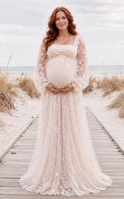 Vestido de novia de encaje campestre, corte en A, hombros descubiertos, manga larga, cola capilla, espalda descubierta.