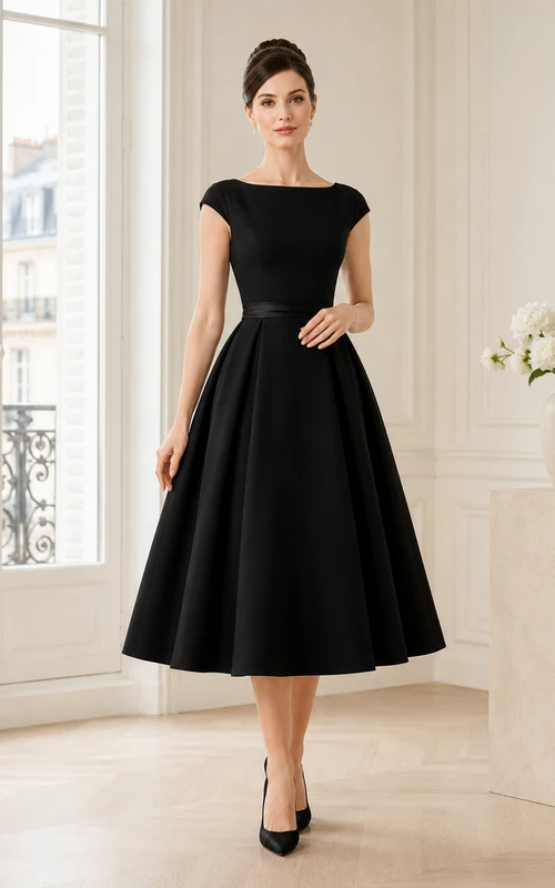 Schwarzes, plissiertes Vintage-Cocktailkleid aus Satin mit U-Boot-Ausschnitt, kurzen Ärmeln und Teelänge