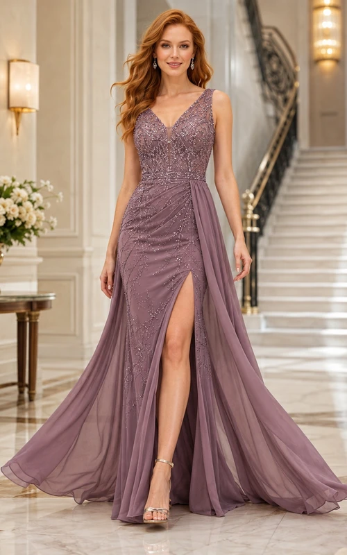 Mauve Chiffon Tulle V-Neck Sleeveless Sheath Split Sweep Train Evening Dress