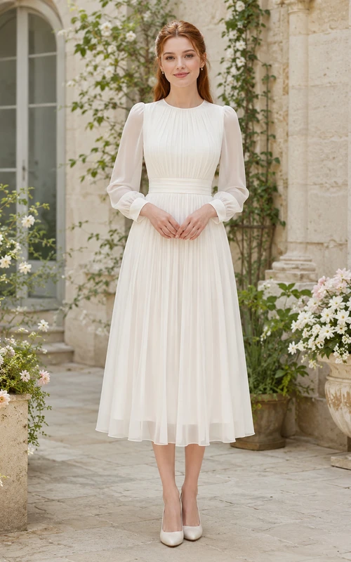 Elfenbeinfarbenes, hochgeschlossenes, langärmeliges, plissiertes Zeremonien-Midikleid