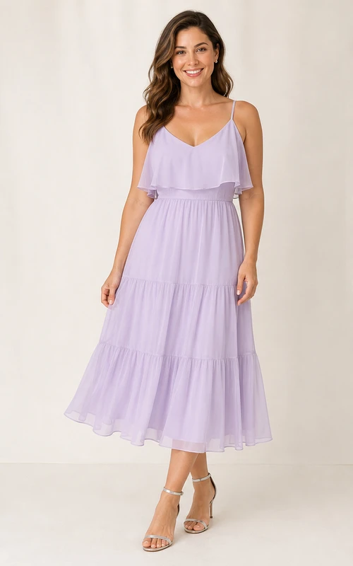 Robe mi-longue à fines bretelles spaghetti en tulle lilas à volants