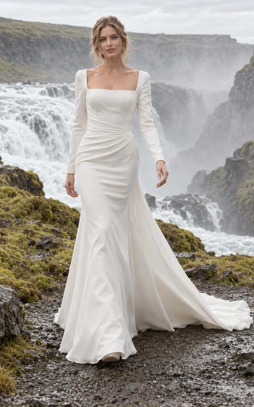 Vestido de novia sencillo de crepé con escote cuadrado, manga larga, corte sirena, cintura fruncida y cola.