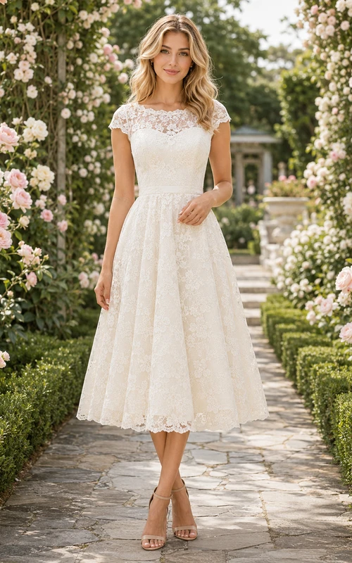 Robe d'invitée de jardin mi-longue en dentelle illusion ivoire à manches courtes et dentelle illusion ivoire