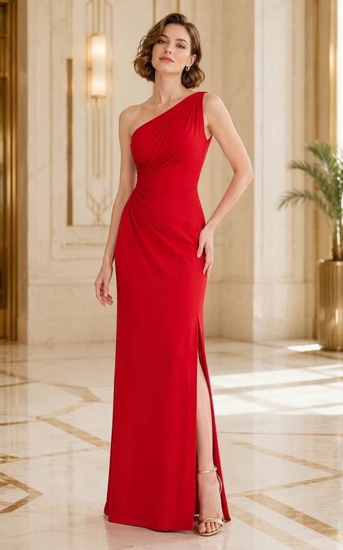 Red Sexy Modern One-Shoulder Sleeveless Satin Front-Slit Sheath Floor-Length Evening Dress