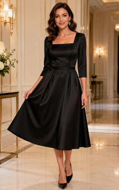 Black Square Neck Three Quarter Sleeve Satin A-Line Tea Length Dress