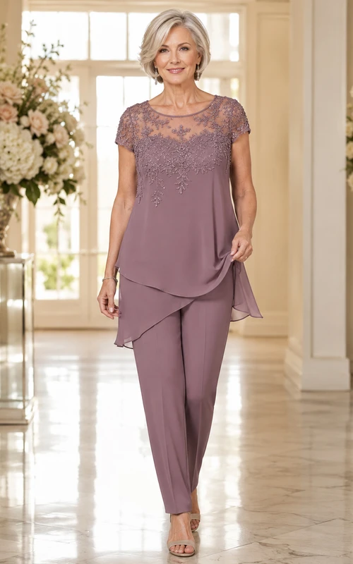 Vintage-Mauve-Hosenanzug mit modernem Scoop-Ausschnitt, Illusion-Joch, kurzen Ärmeln, asymmetrischem Schnitt und Knöchellänge – perfekt für die Mutter der Braut.