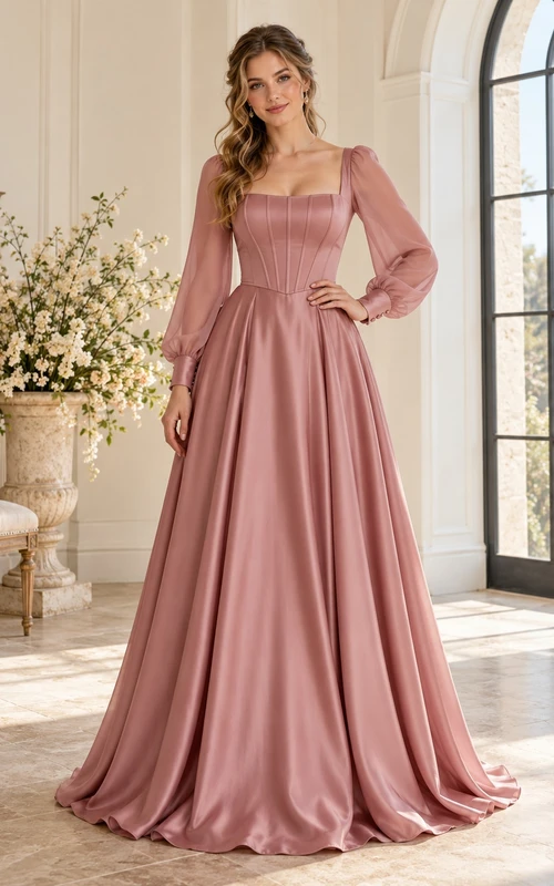 Robe de bal trapèze en satin rose poudré, col carré, manches longues, style modeste