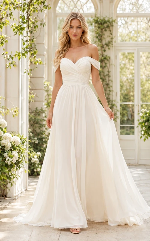 Vestido de novia sencillo de gasa con escote corazón, corte A y cola, sin hombros.