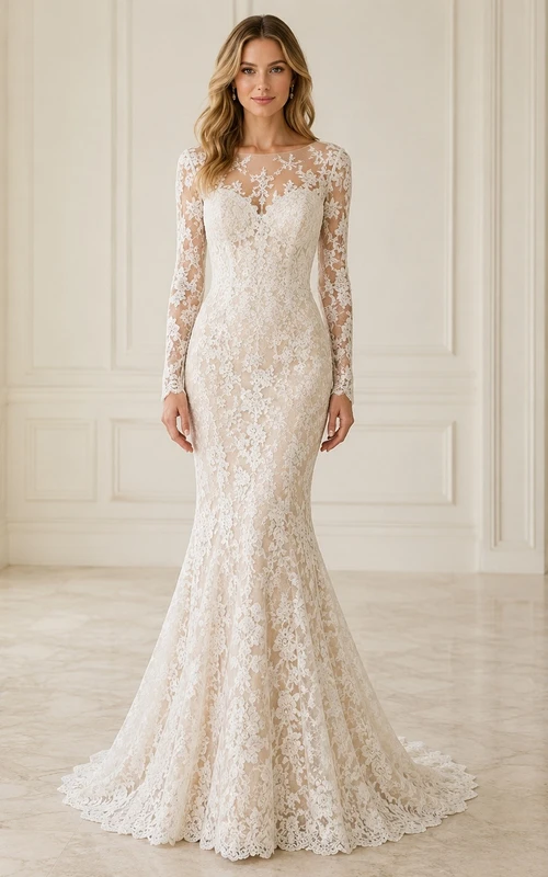 Vestido de novia romántico estilo sirena con mangas largas, encaje, escote barco y cola larga.