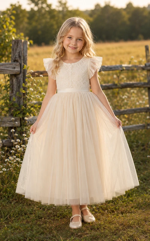 Modest Romantic Country Lace Tulle Flower Girl Tea-Length Petal Sleeve Garden Dress